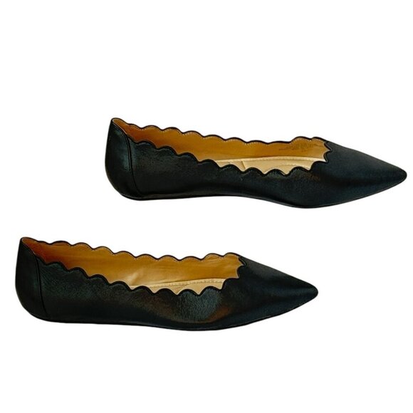 Adrienne Vittadini Fox Ballerina Flat Scalloped Pointed Toe Black Leather Size 9 - Picture 2 of 10